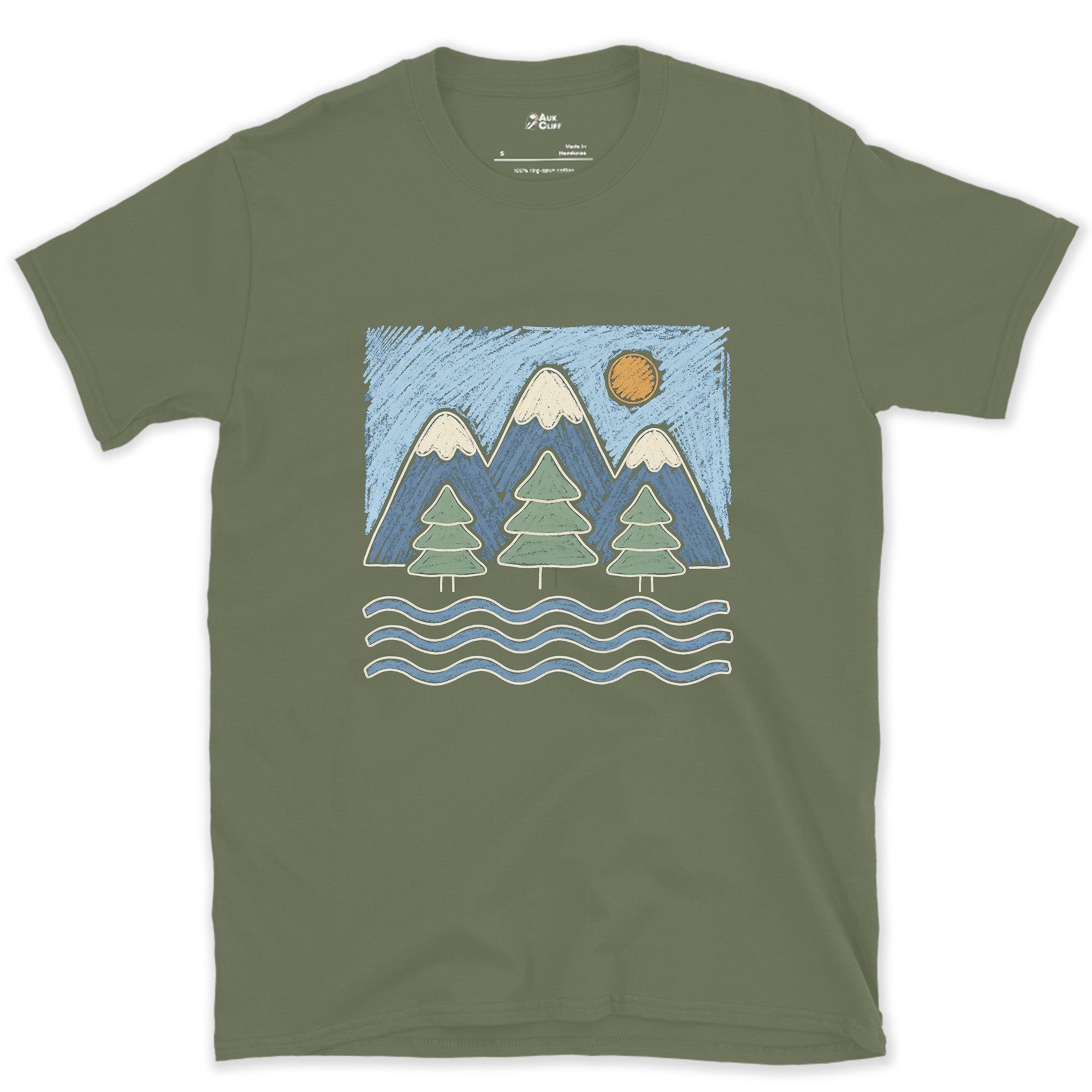 Water Under the Snowline, Dark design on a Military Green Gildan Softstyle t-shirt