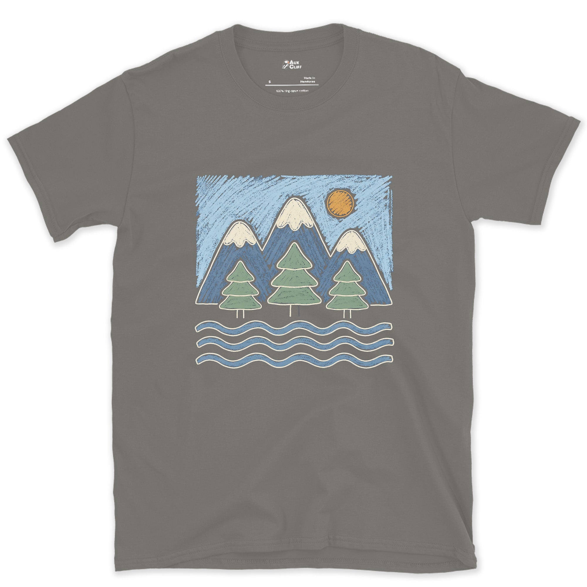 Water Under the Snowline, Dark design on a Charcoal Gildan Softstyle t-shirt