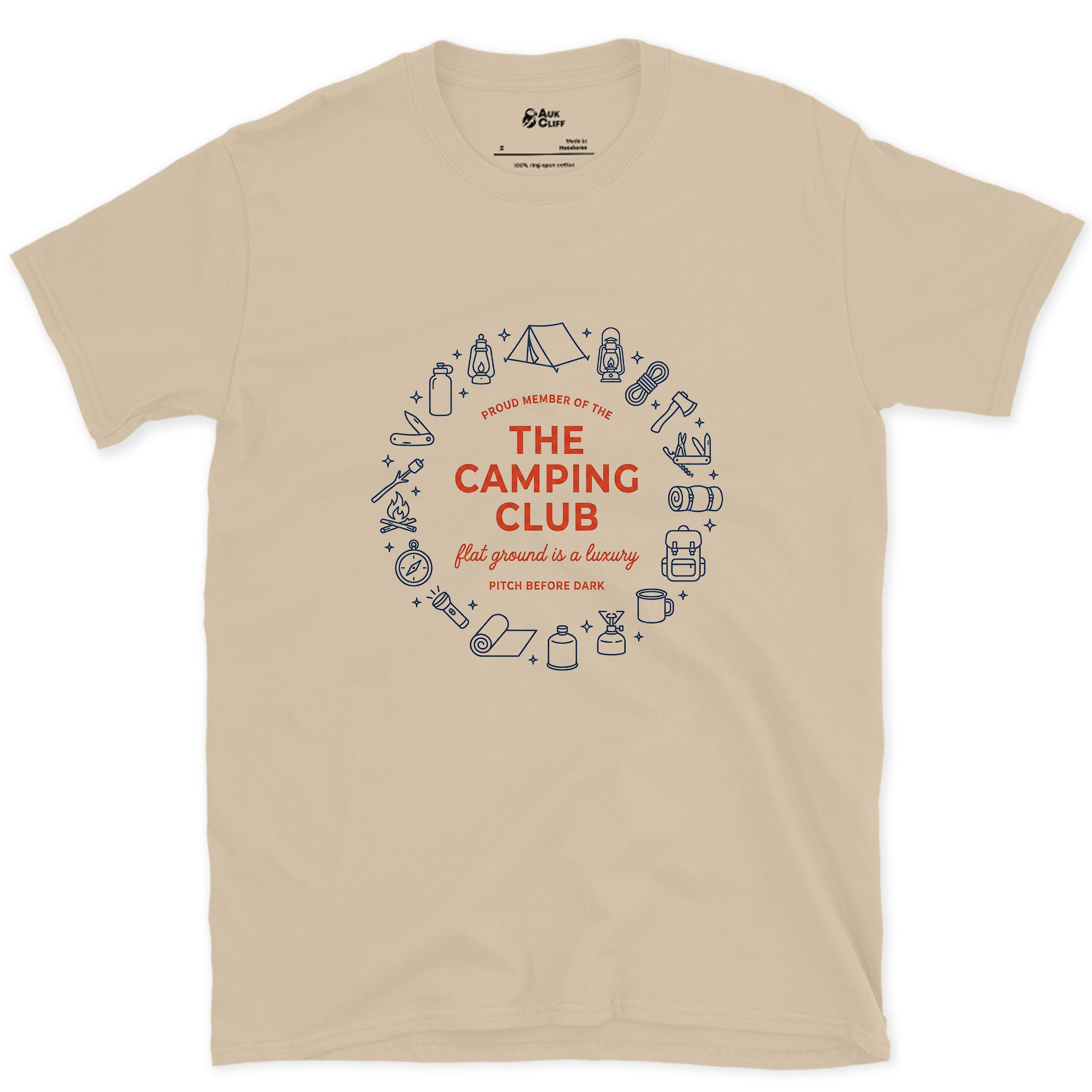 Pitch Before Dark, Proud Member Camping Club design on a Sand Gildan Softstyle t-shirt