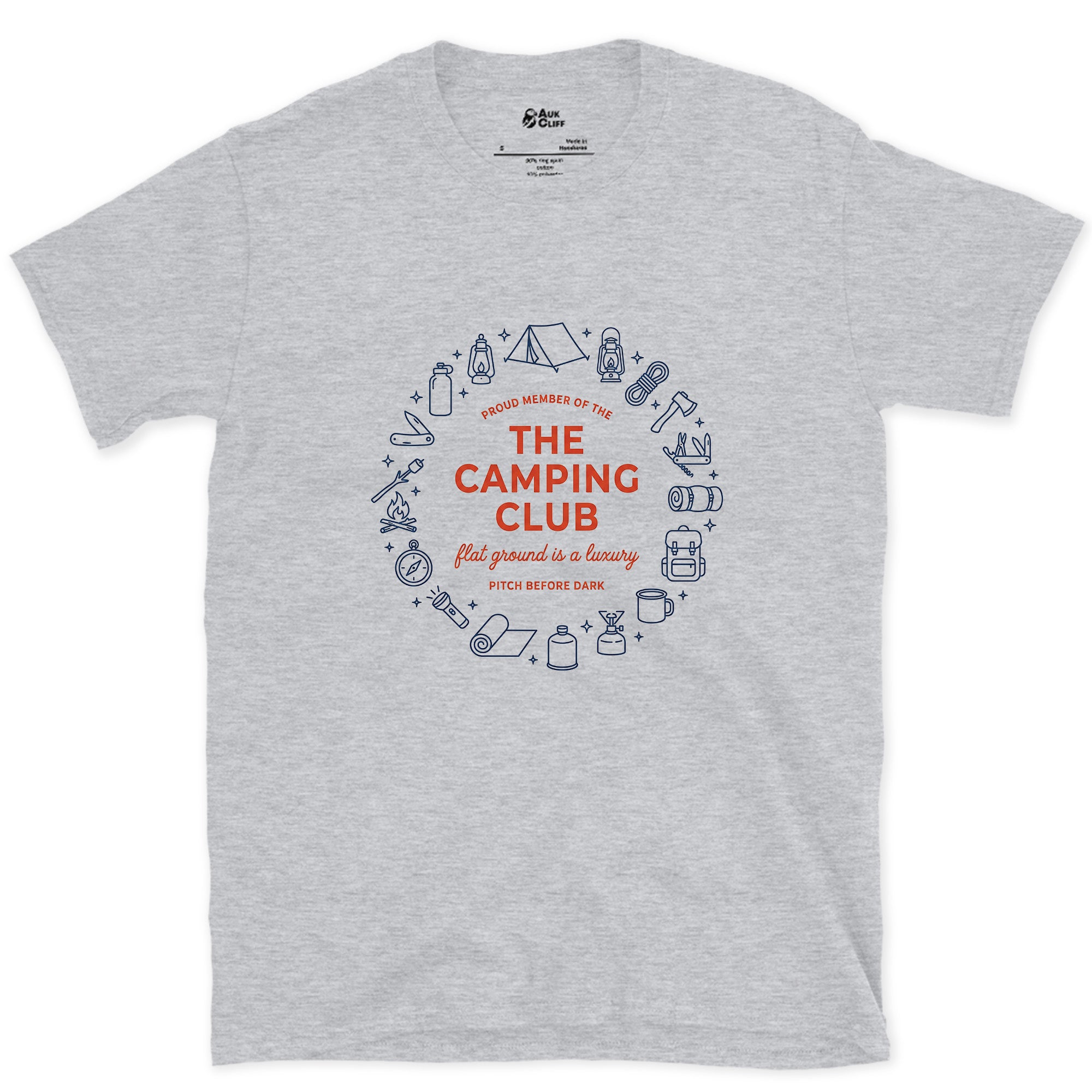 Pitch Before Dark, Proud Member Camping Club design on a Sport Grey Gildan Softstyle t-shirt