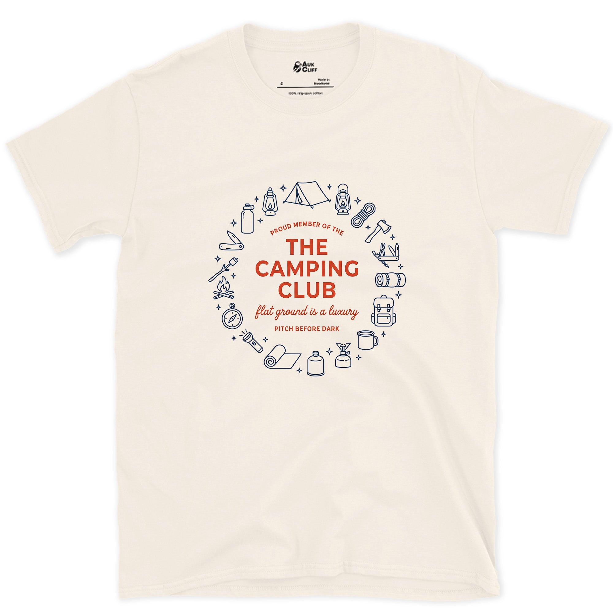 Pitch Before Dark, Proud Member Camping Club design on a Natural Gildan Softstyle t-shirt