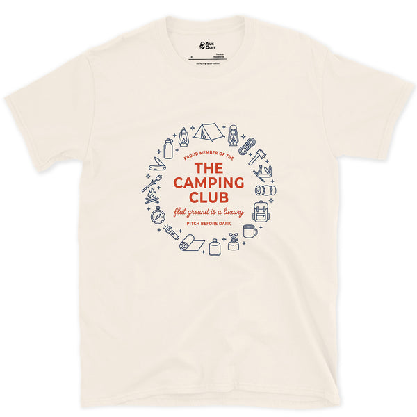 Pitch Before Dark, Proud Member Camping Club design on a Natural Gildan Softstyle t-shirt