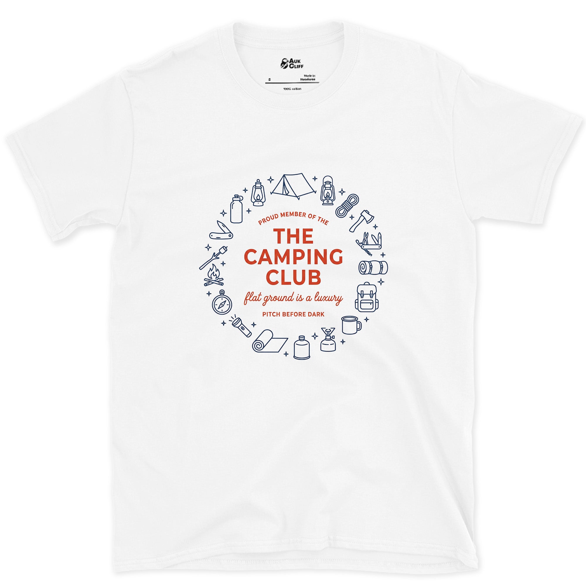 Pitch Before Dark, Proud Member Camping Club design on a White Gildan Softstyle t-shirt
