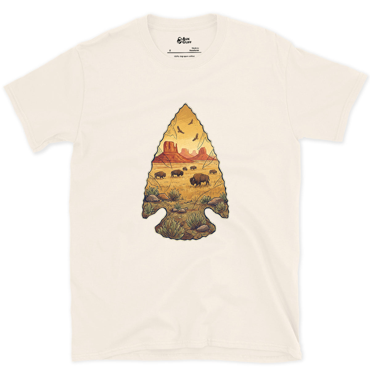 Plains Held in a Stone Arrowhead design on a Natural Gildan Softstyle t-shirt