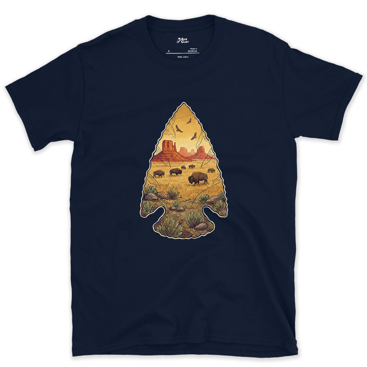 Plains Held in a Stone Arrowhead design on a Navy Gildan Softstyle t-shirt