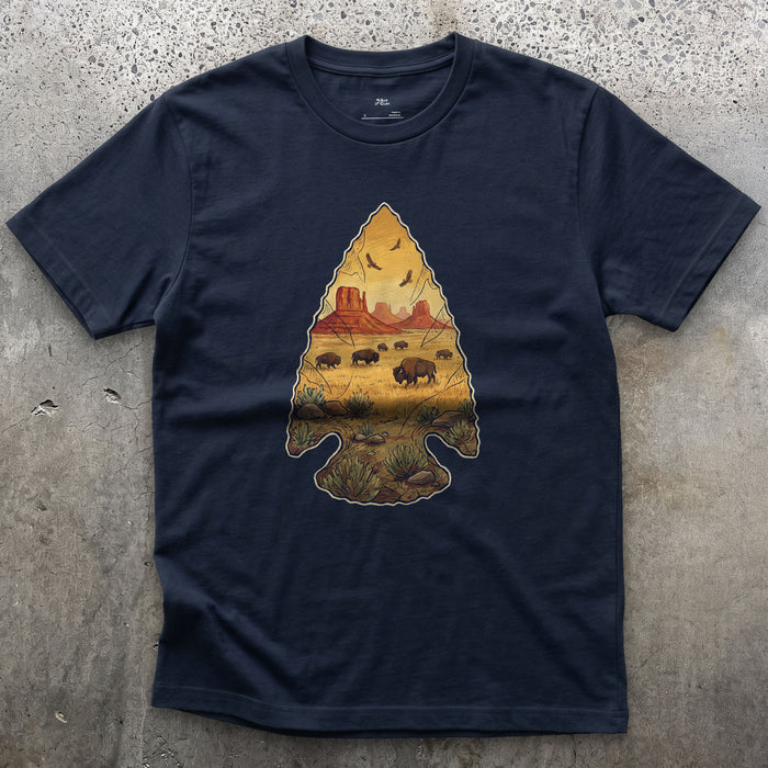Plains Held in a Stone Arrowhead design on a Navy Gildan Softstyle t-shirt