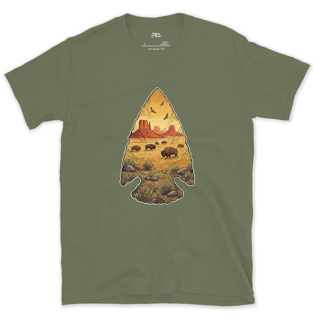 Plains Held in a Stone Arrowhead design on a Military Green Gildan Softstyle t-shirt