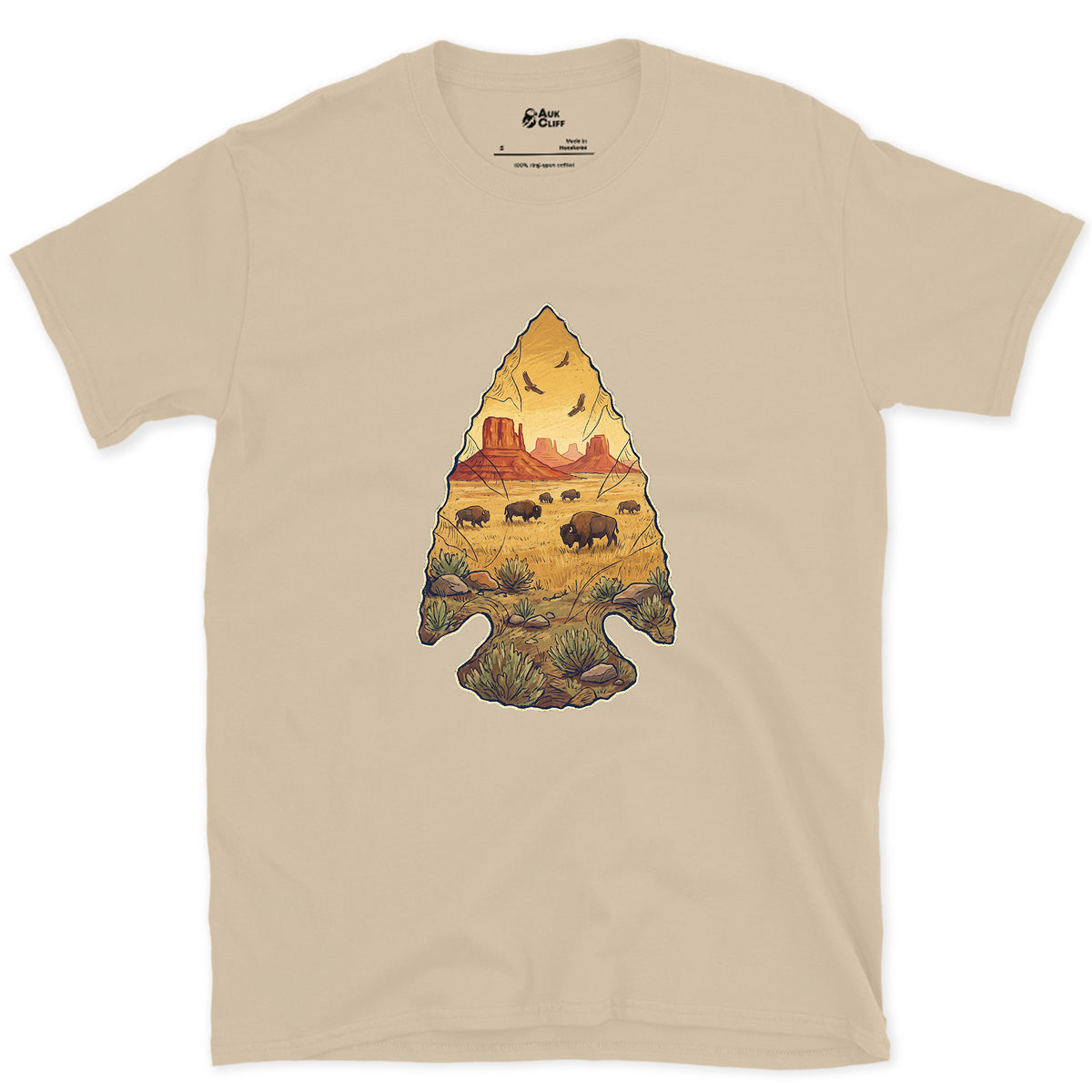 Plains Held in a Stone Arrowhead design on a Sand Gildan Softstyle t-shirt