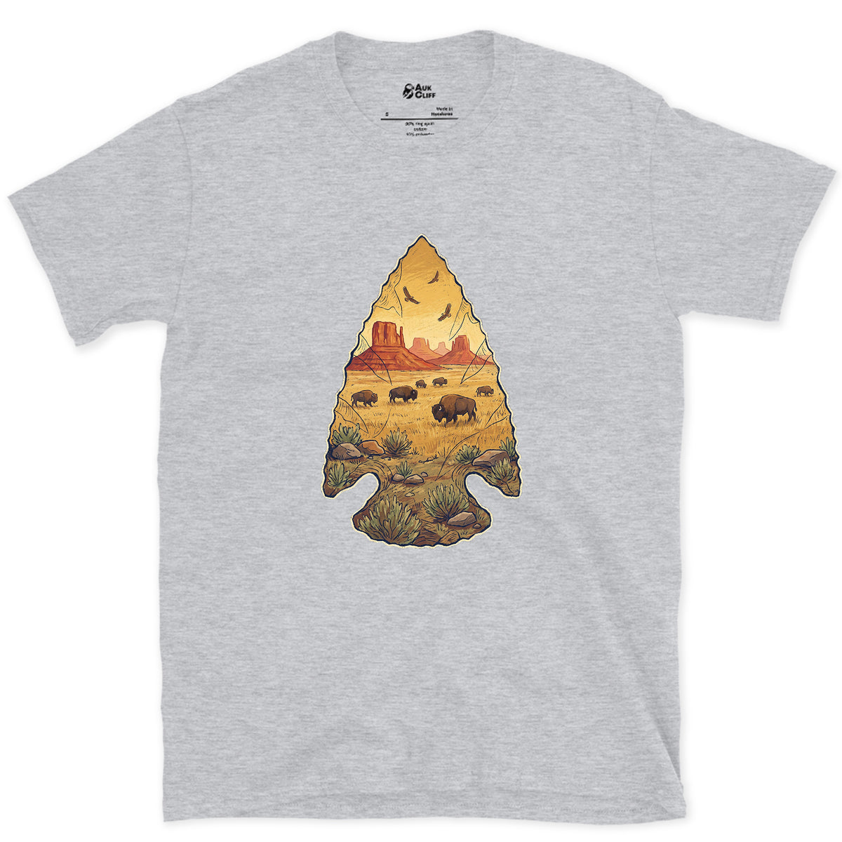 Plains Held in a Stone Arrowhead design on a Sport Grey Gildan Softstyle t-shirt