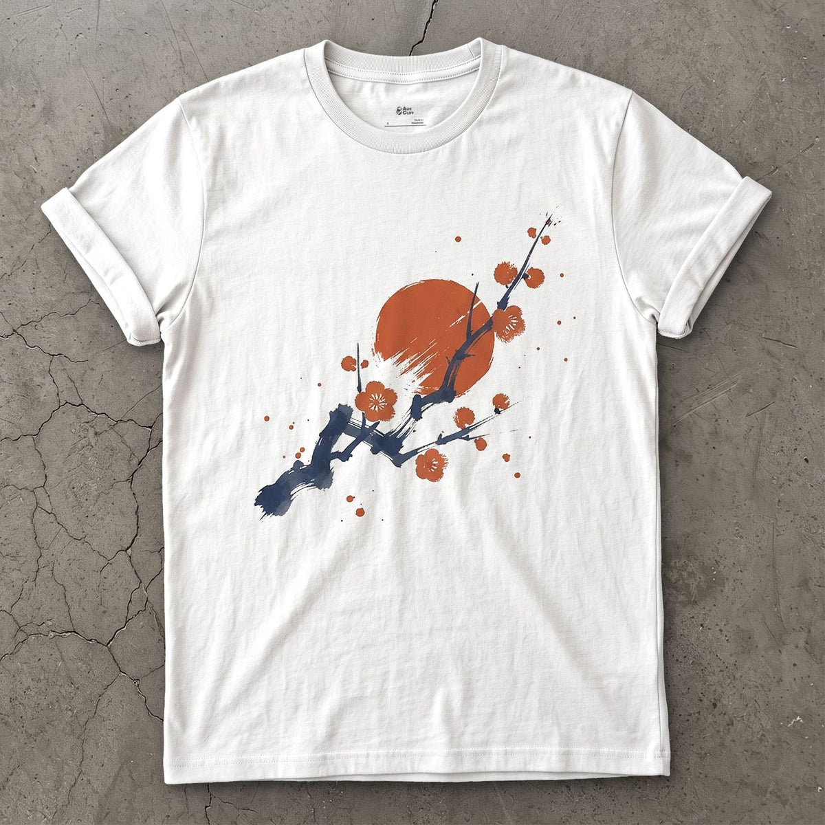 Plum Blossom and Red Sun design on a White Gildan Softstyle t-shirt