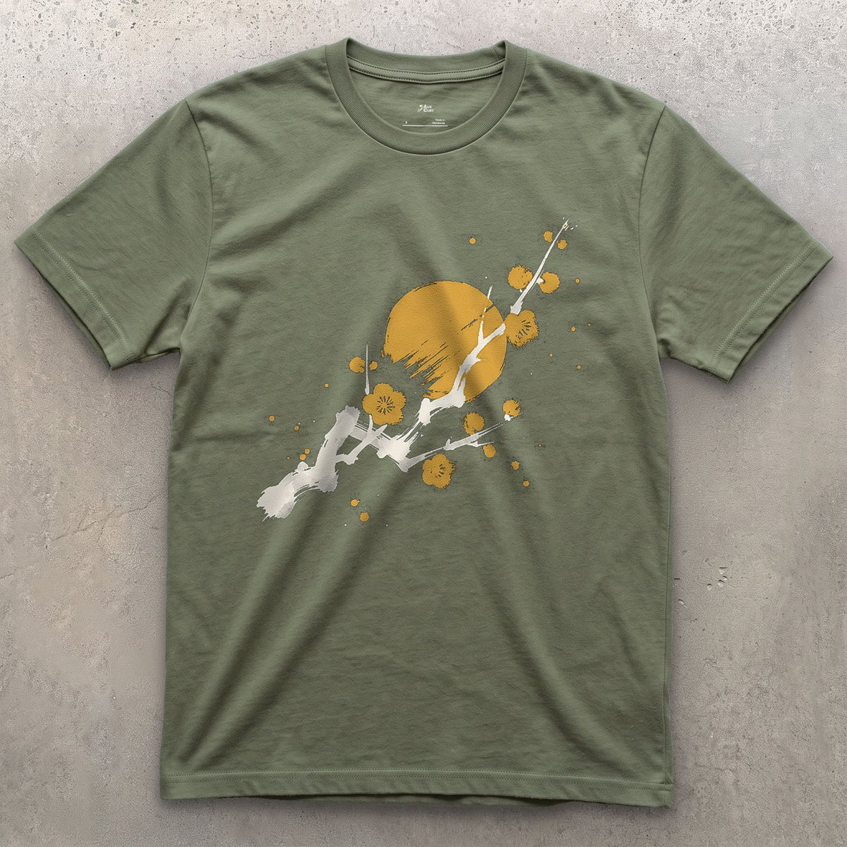 Plum Blossom and Red Sun design on a Military Green Gildan Softstyle t-shirt