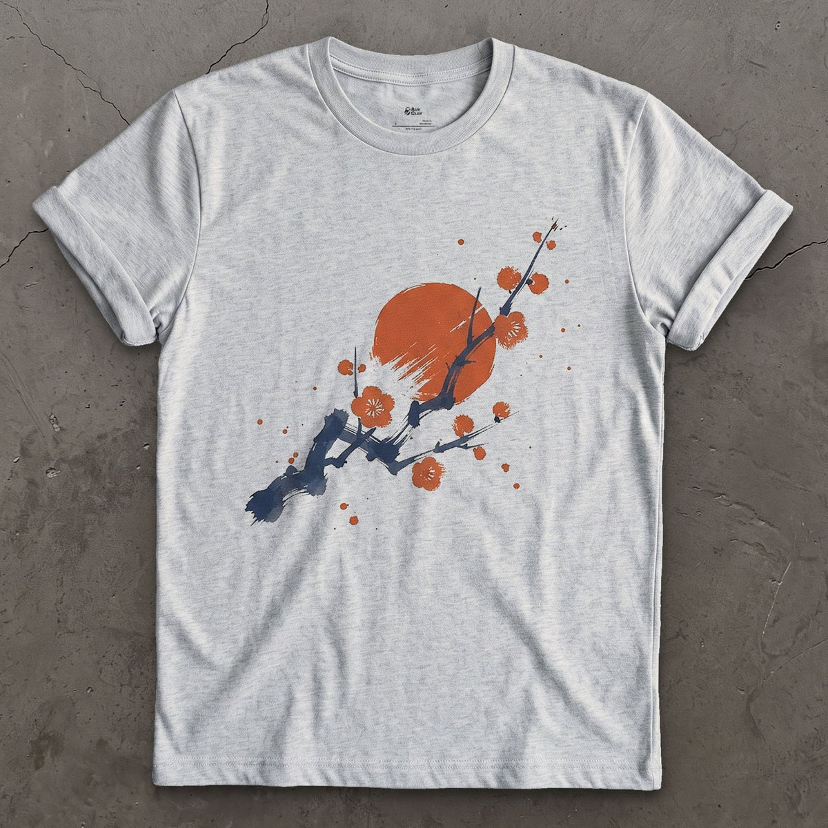 Plum Blossom and Red Sun design on a Sport Grey Gildan Softstyle t-shirt