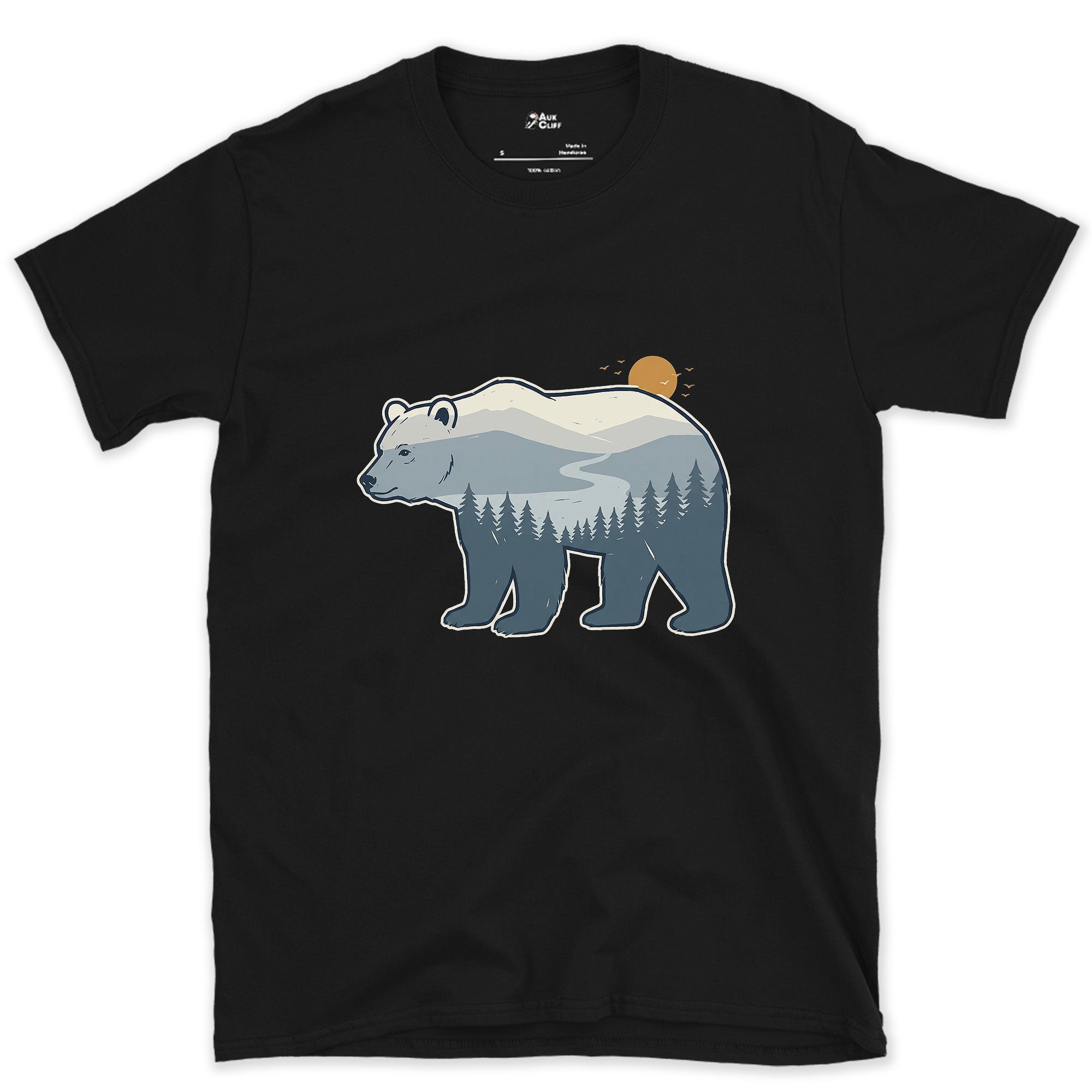 Grey Blue Bear, Dawn in Two Tones design on a Black Gildan Softstyle t-shirt