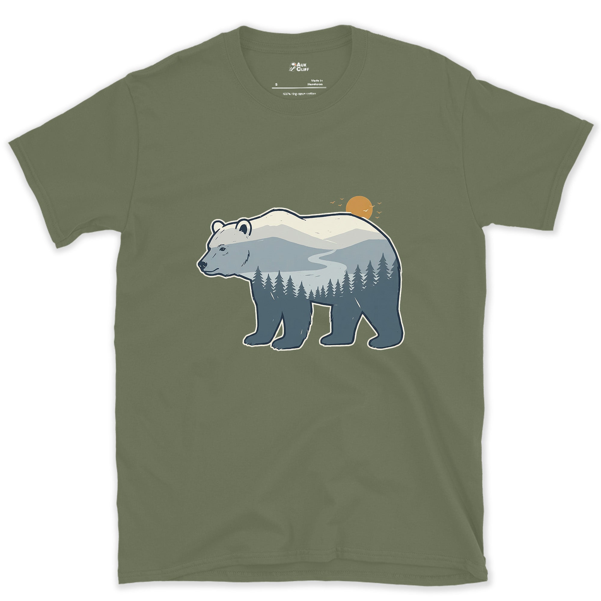 Grey Blue Bear, Dawn in Two Tones design on a Military Green Gildan Softstyle t-shirt