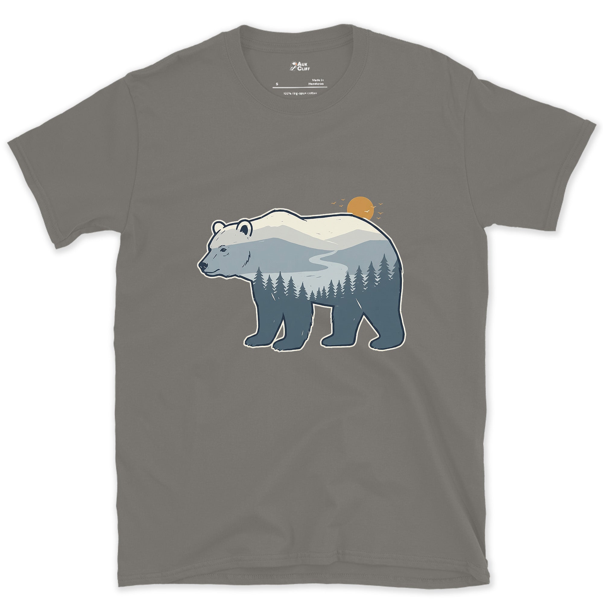 Grey Blue Bear, Dawn in Two Tones design on a Charcoal Gildan Softstyle t-shirt