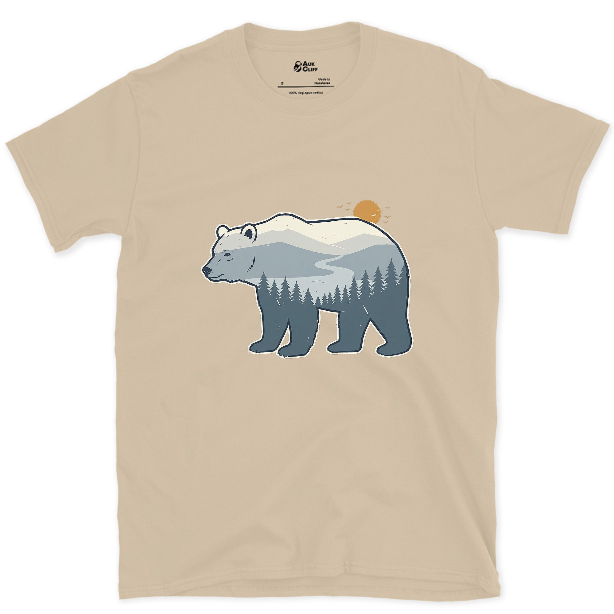 Grey Blue Bear, Dawn in Two Tones design on a Sand Gildan Softstyle t-shirt