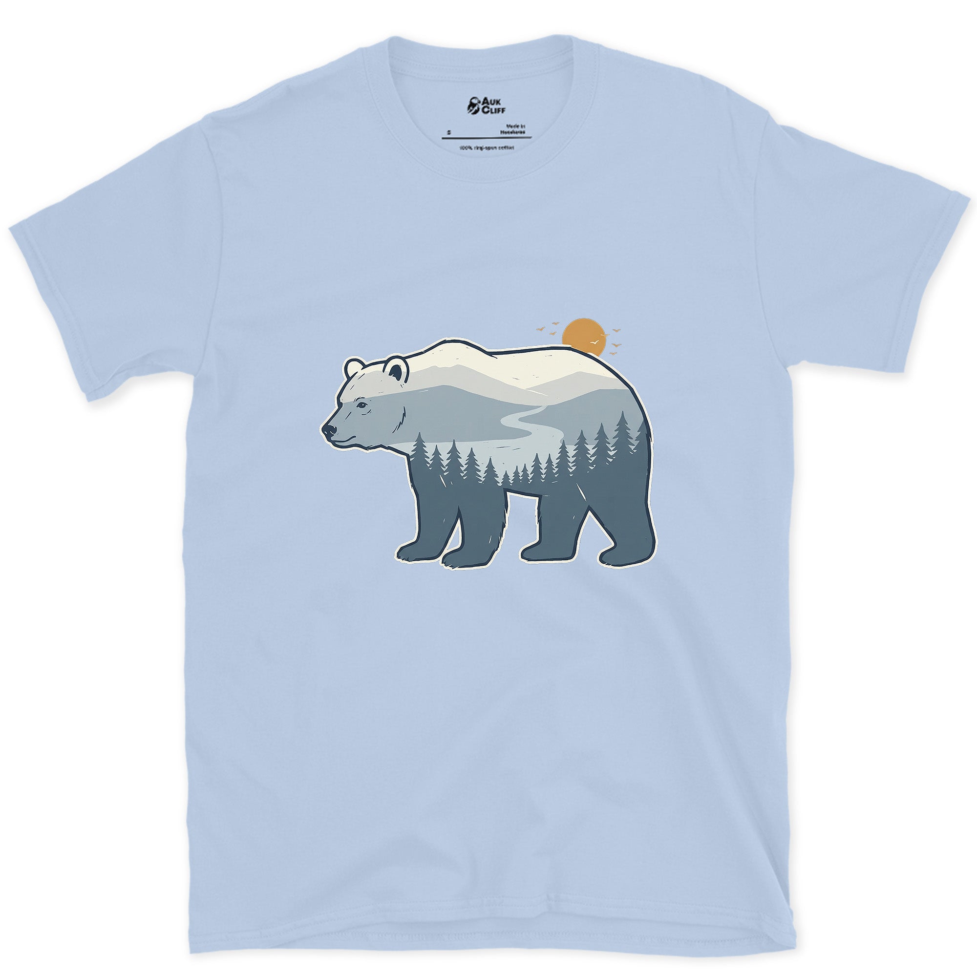 Grey Blue Bear, Dawn in Two Tones design on a Light Blue Gildan Softstyle t-shirt