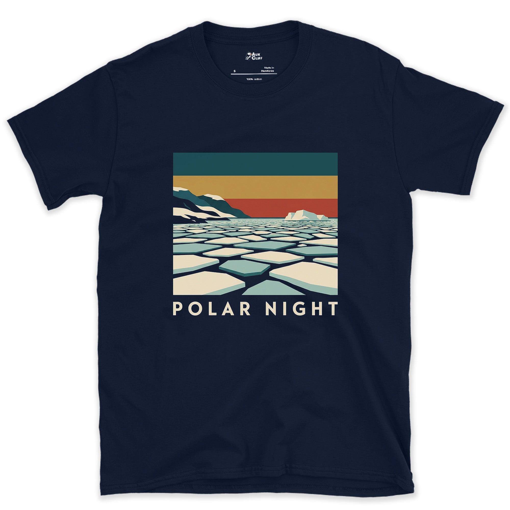 Polar Night, Glacier Pack Ice Floes design on a Navy Gildan Softstyle t-shirt