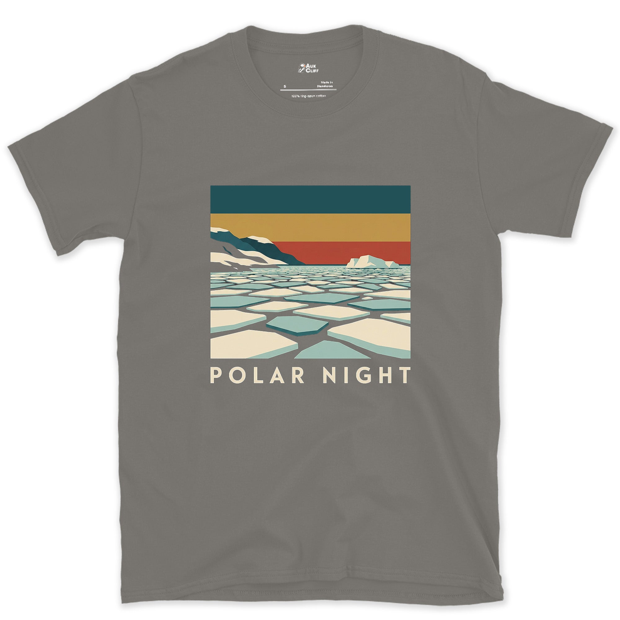 Polar Night, Glacier Pack Ice Floes design on a Charcoal Gildan Softstyle t-shirt