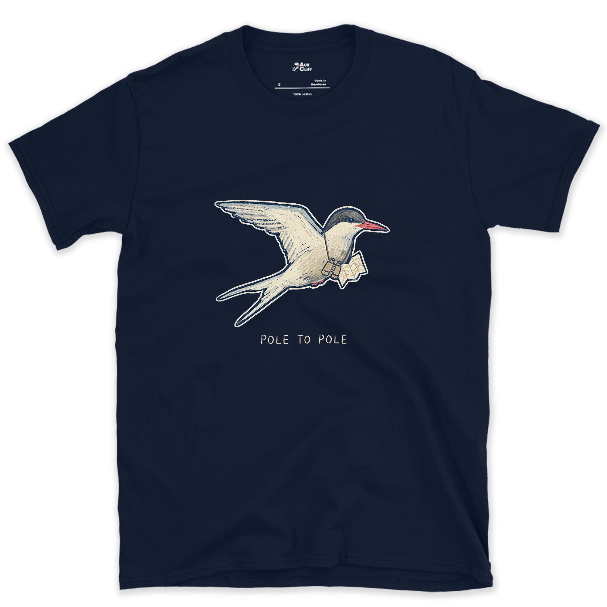 Pole to Pole, Arctic Tern With a Letter design on a Navy Gildan Softstyle t-shirt