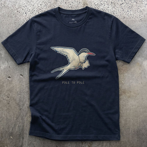 Pole to Pole, Arctic Tern With a Letter design on a Navy Gildan Softstyle t-shirt