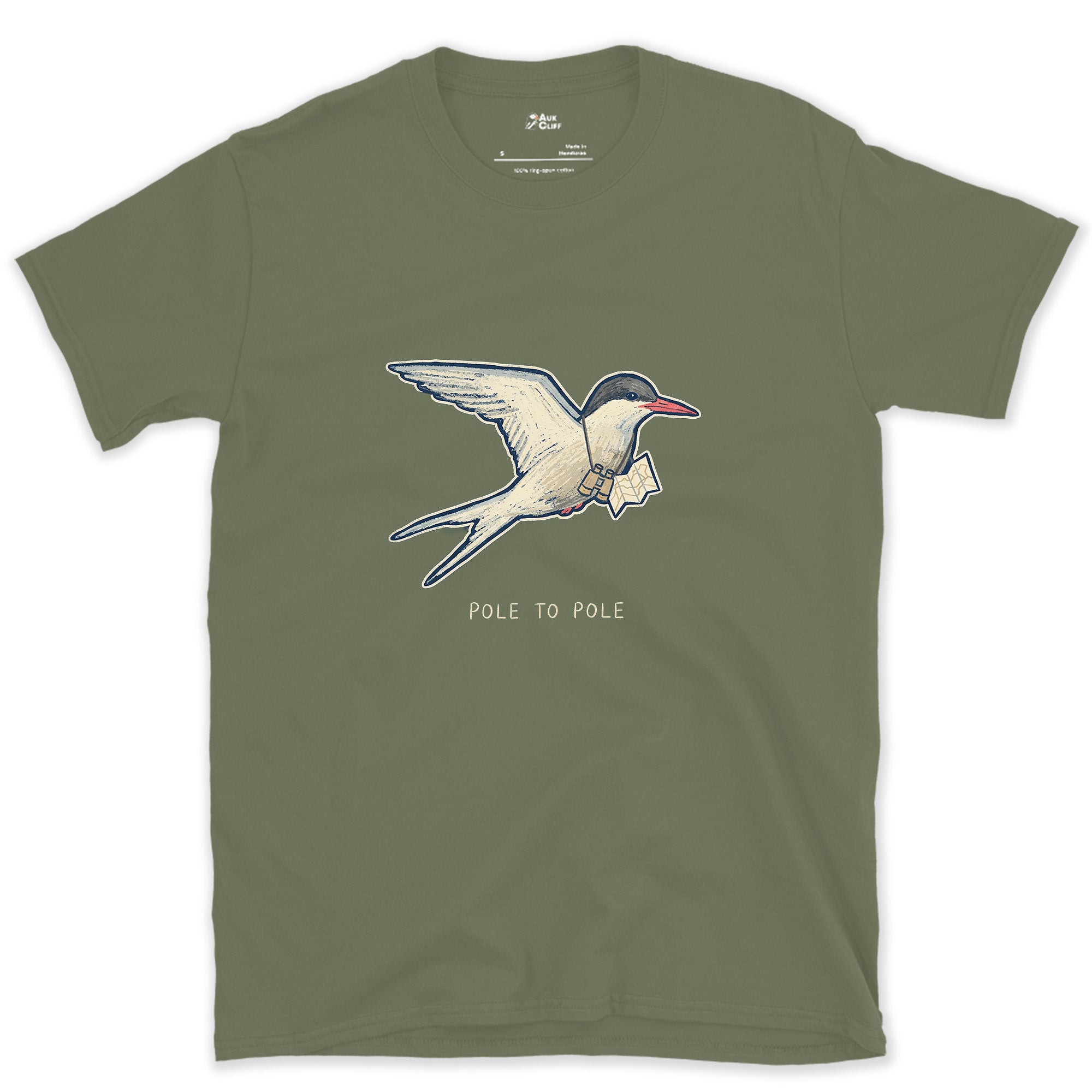 Pole to Pole, Arctic Tern With a Letter design on a Military Green Gildan Softstyle t-shirt