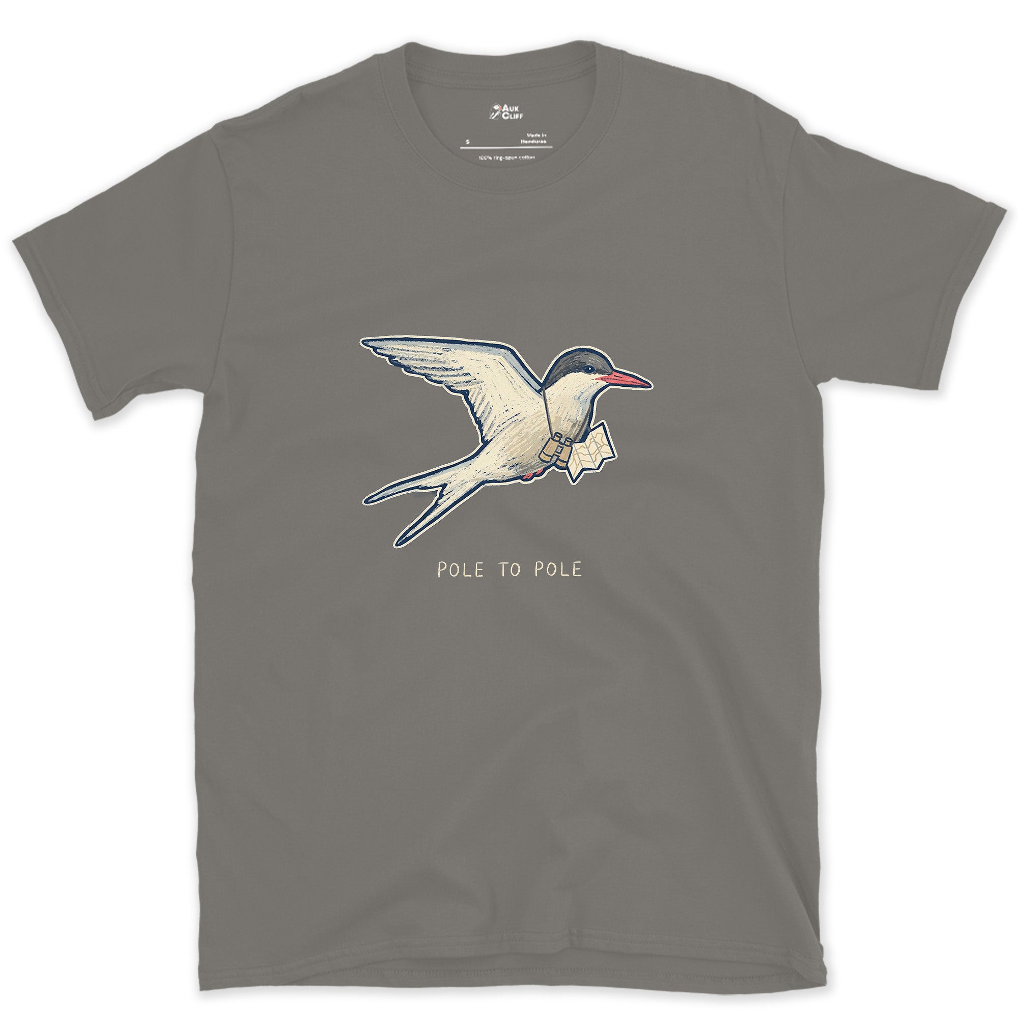Pole to Pole, Arctic Tern With a Letter design on a Charcoal Gildan Softstyle t-shirt