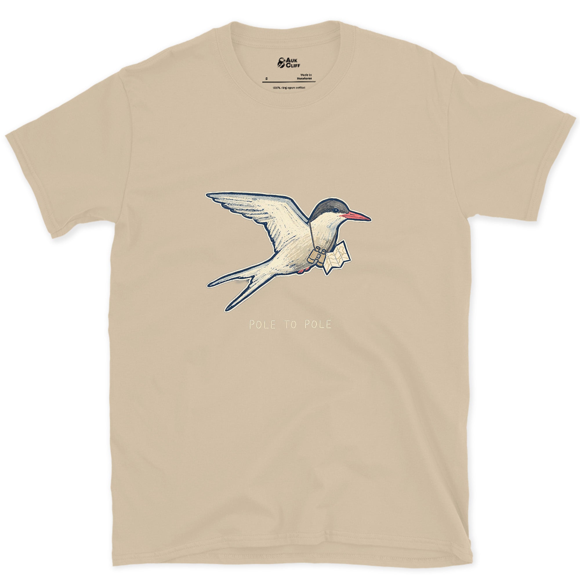 Pole to Pole, Arctic Tern With a Letter design on a Sand Gildan Softstyle t-shirt
