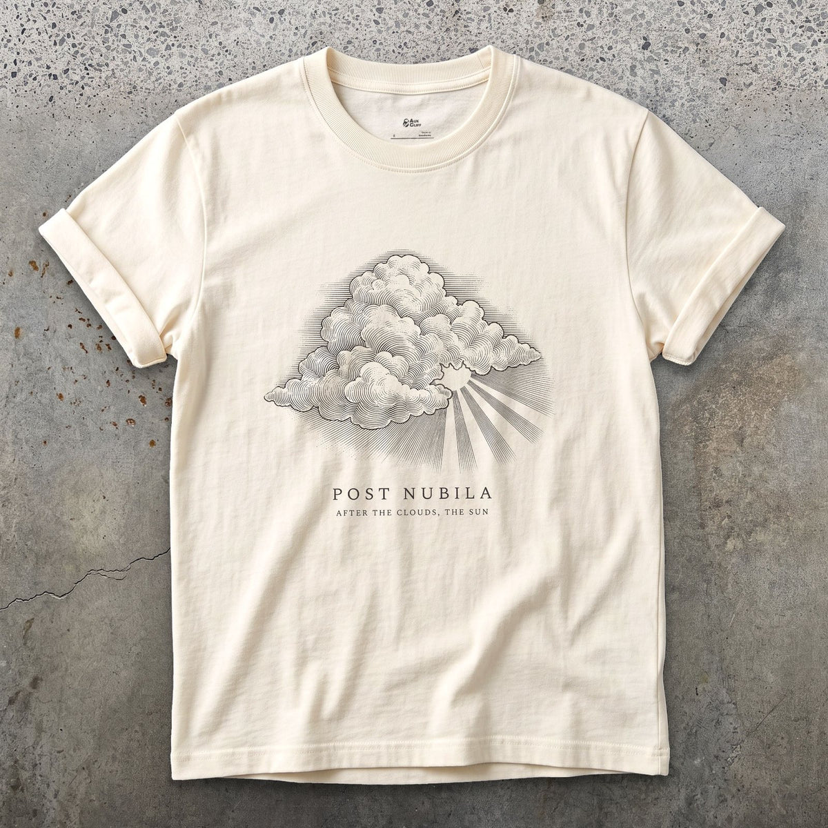 Post Nubila, After the Clouds, the Sun design on a Natural Gildan Softstyle t-shirt