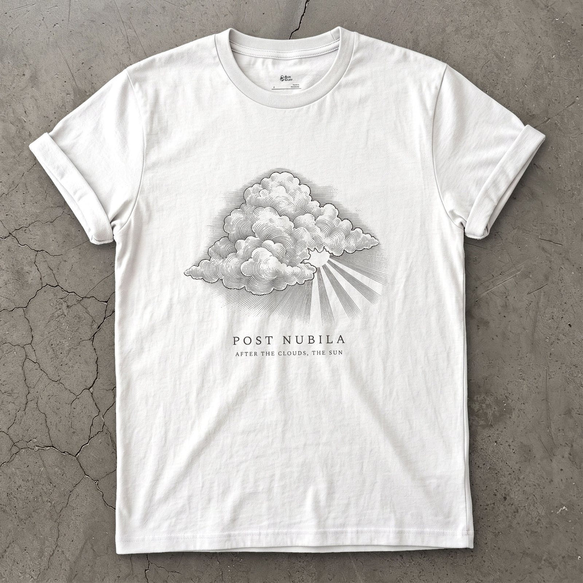 Post Nubila, After the Clouds, the Sun design on a White Gildan Softstyle t-shirt