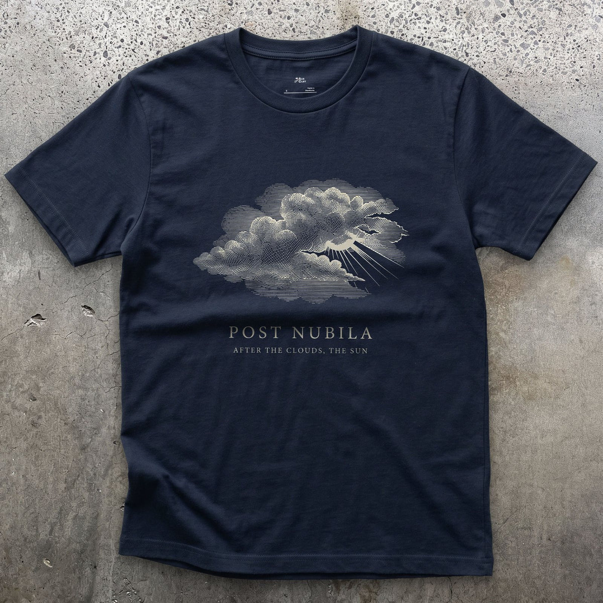 Post Nubila, After the Clouds, the Sun design on a Navy Gildan Softstyle t-shirt