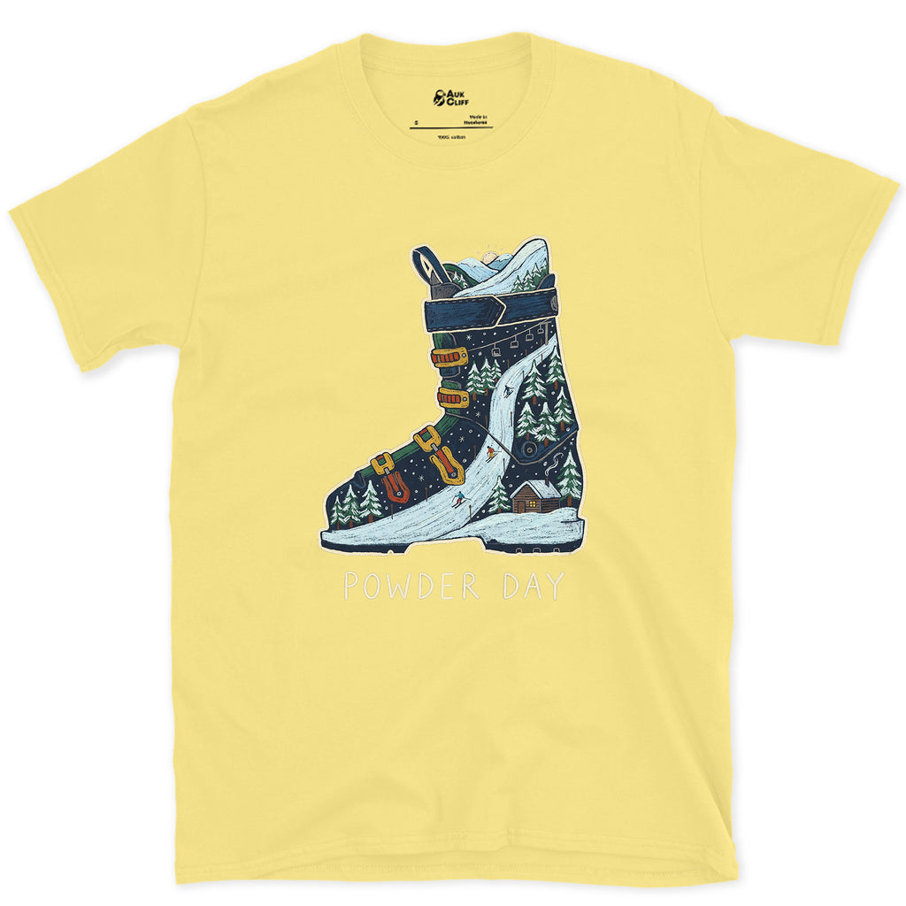 Powder Day, a Peak Packed Into the Boot design on a Cornsilk Gildan Softstyle t-shirt