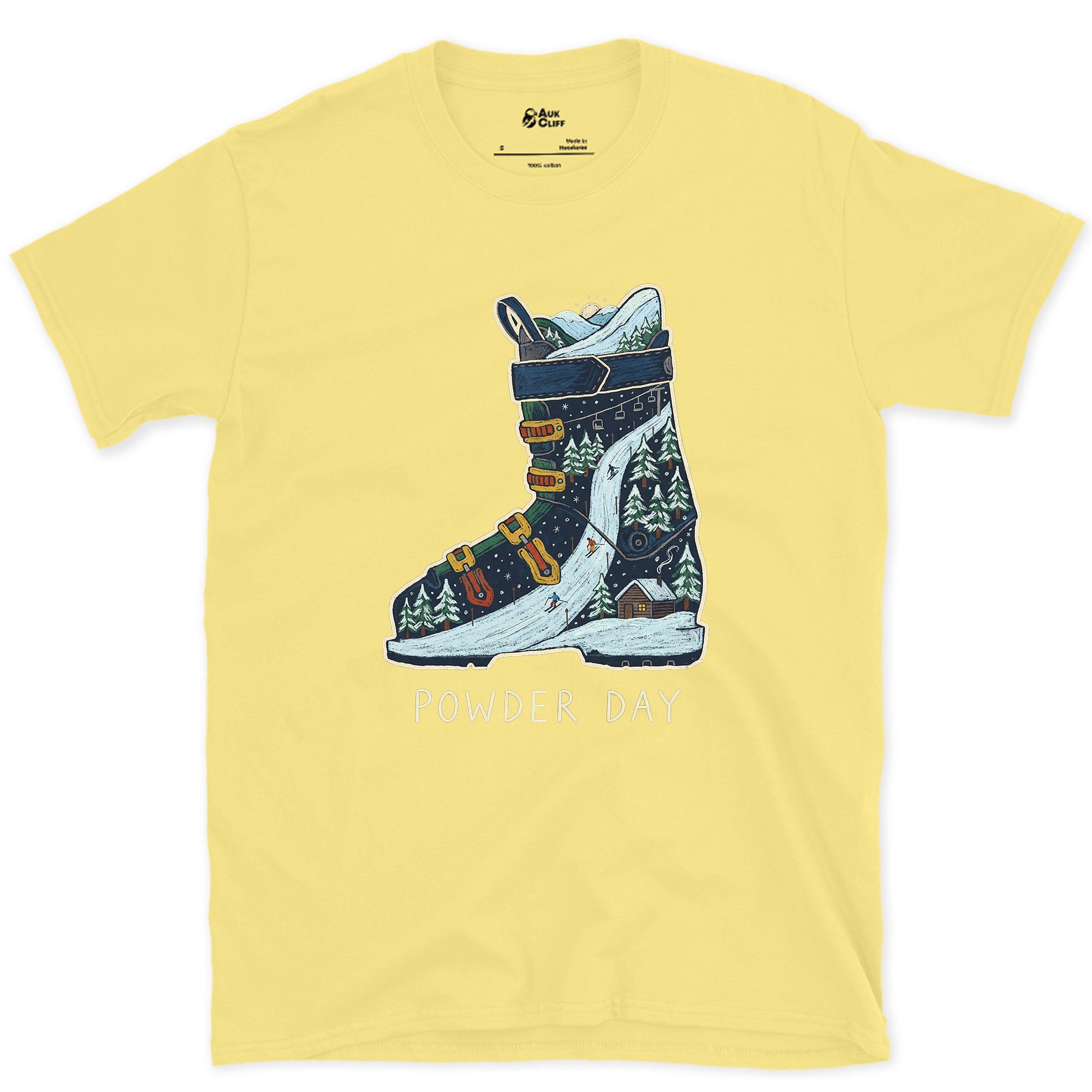 Powder Day, a Peak Packed Into the Boot design on a Cornsilk Gildan Softstyle t-shirt