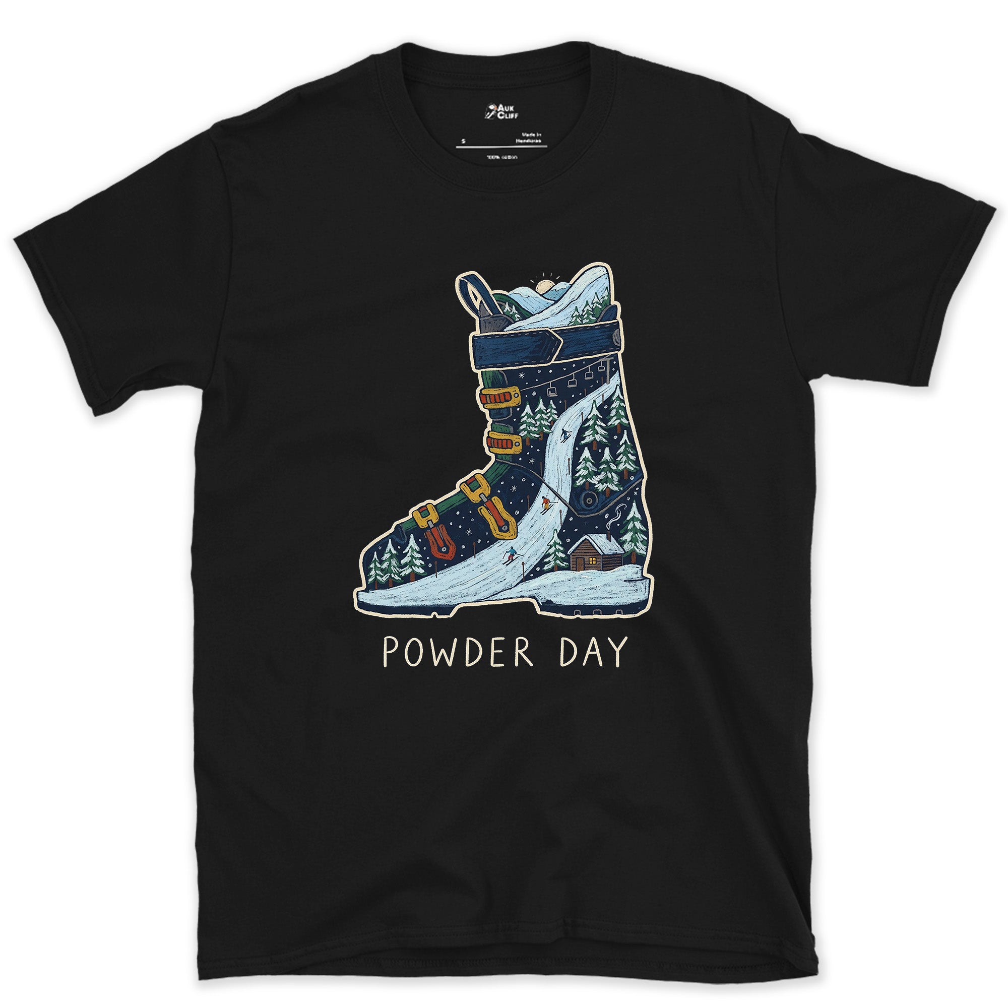Powder Day, a Peak Packed Into the Boot design on a Black Gildan Softstyle t-shirt