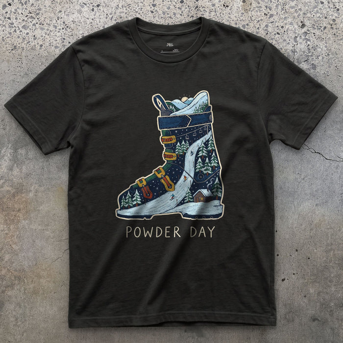 Powder Day, a Peak Packed Into the Boot design on a Black Gildan Softstyle t-shirt