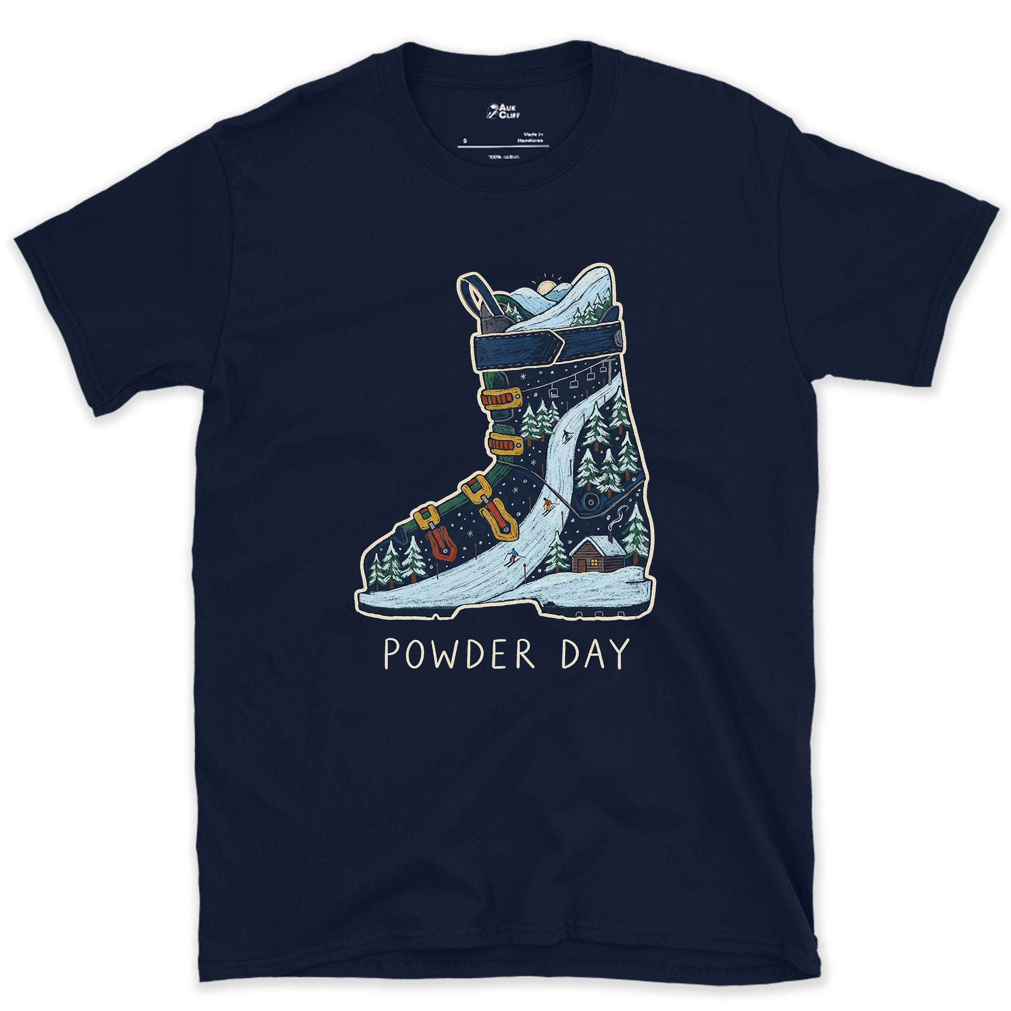 Powder Day, a Peak Packed Into the Boot design on a Navy Gildan Softstyle t-shirt