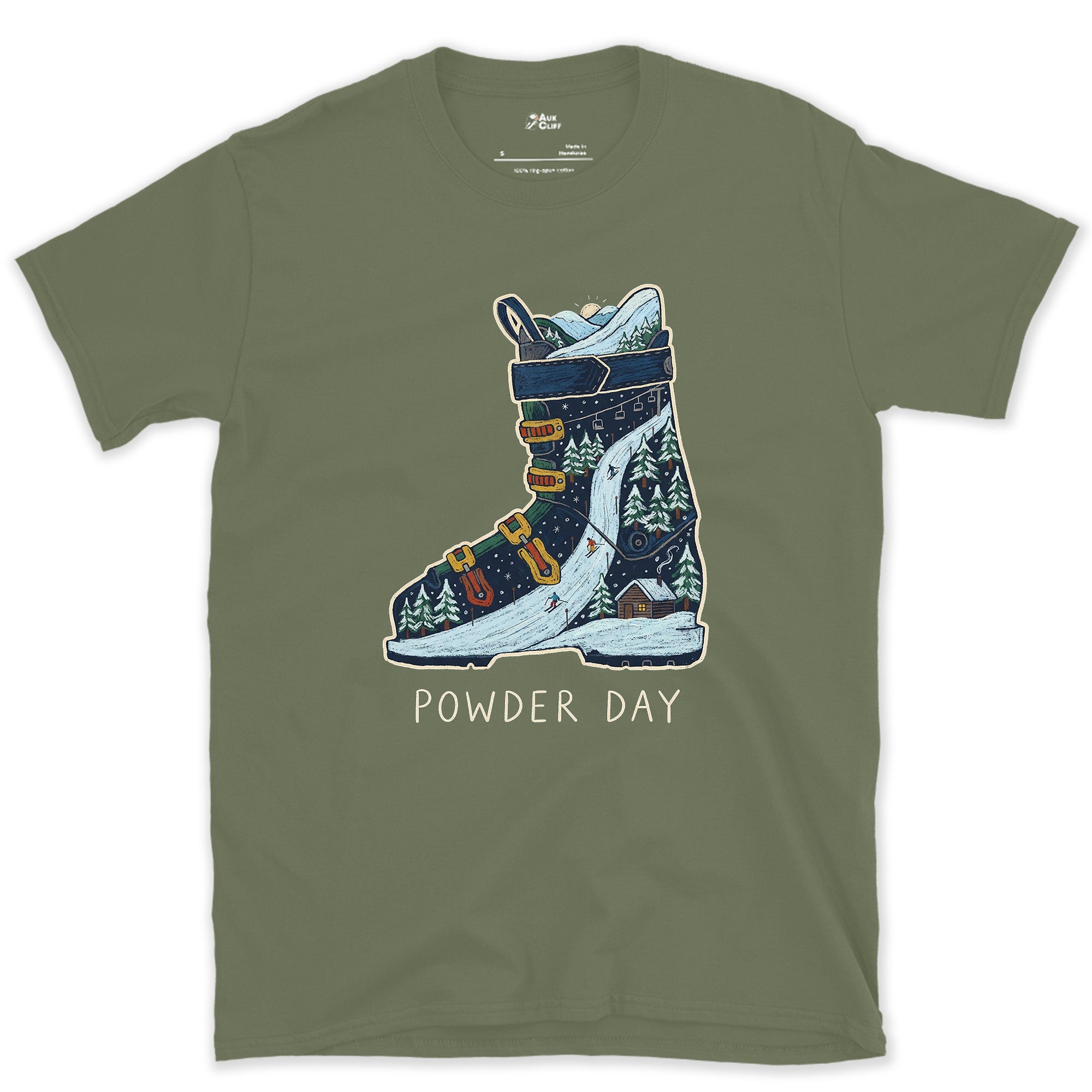 Powder Day, a Peak Packed Into the Boot design on a Military Green Gildan Softstyle t-shirt