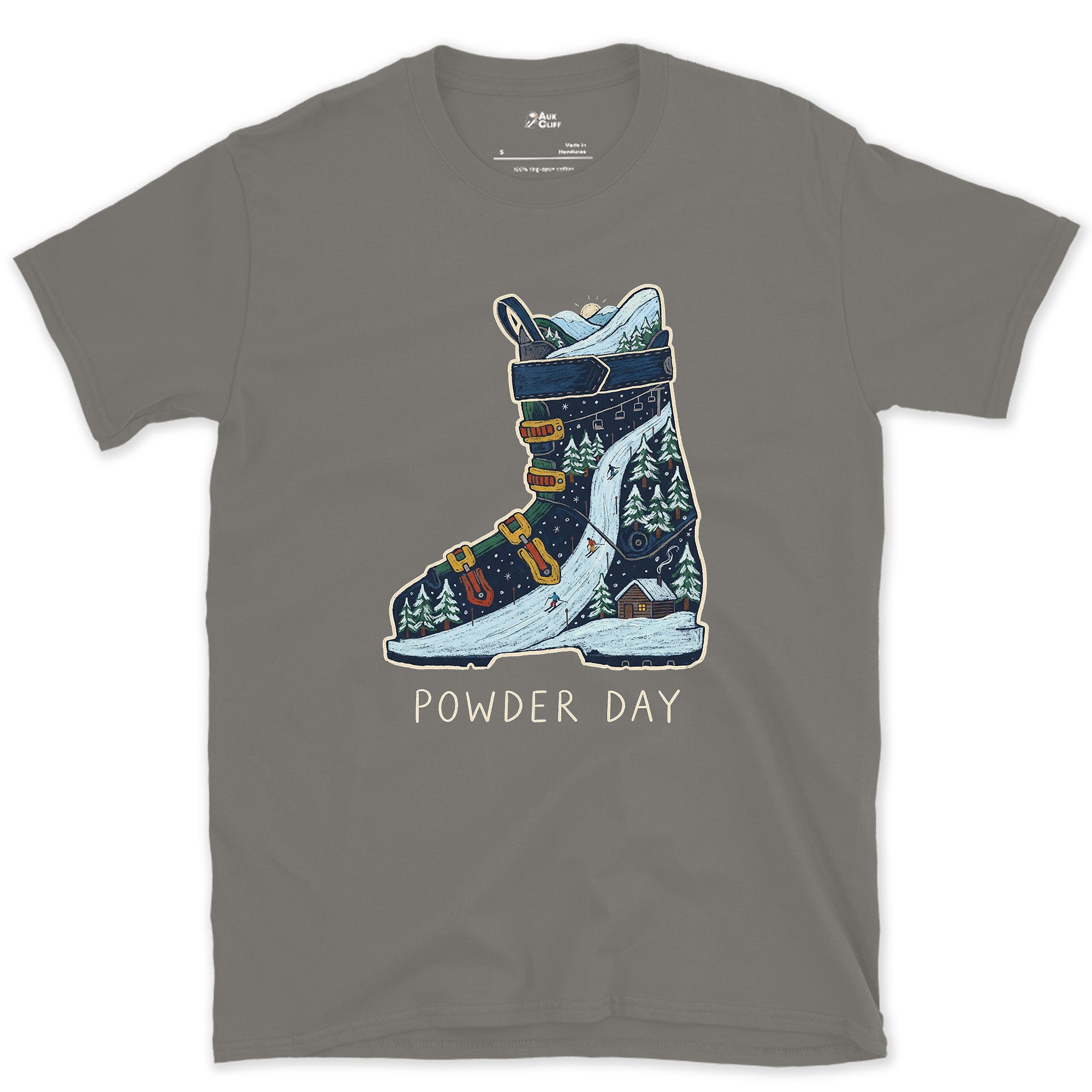 Powder Day, a Peak Packed Into the Boot design on a Charcoal Gildan Softstyle t-shirt