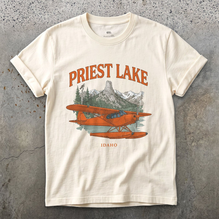 Priest Lake Bush Plane design on a Natural Gildan Softstyle t-shirt