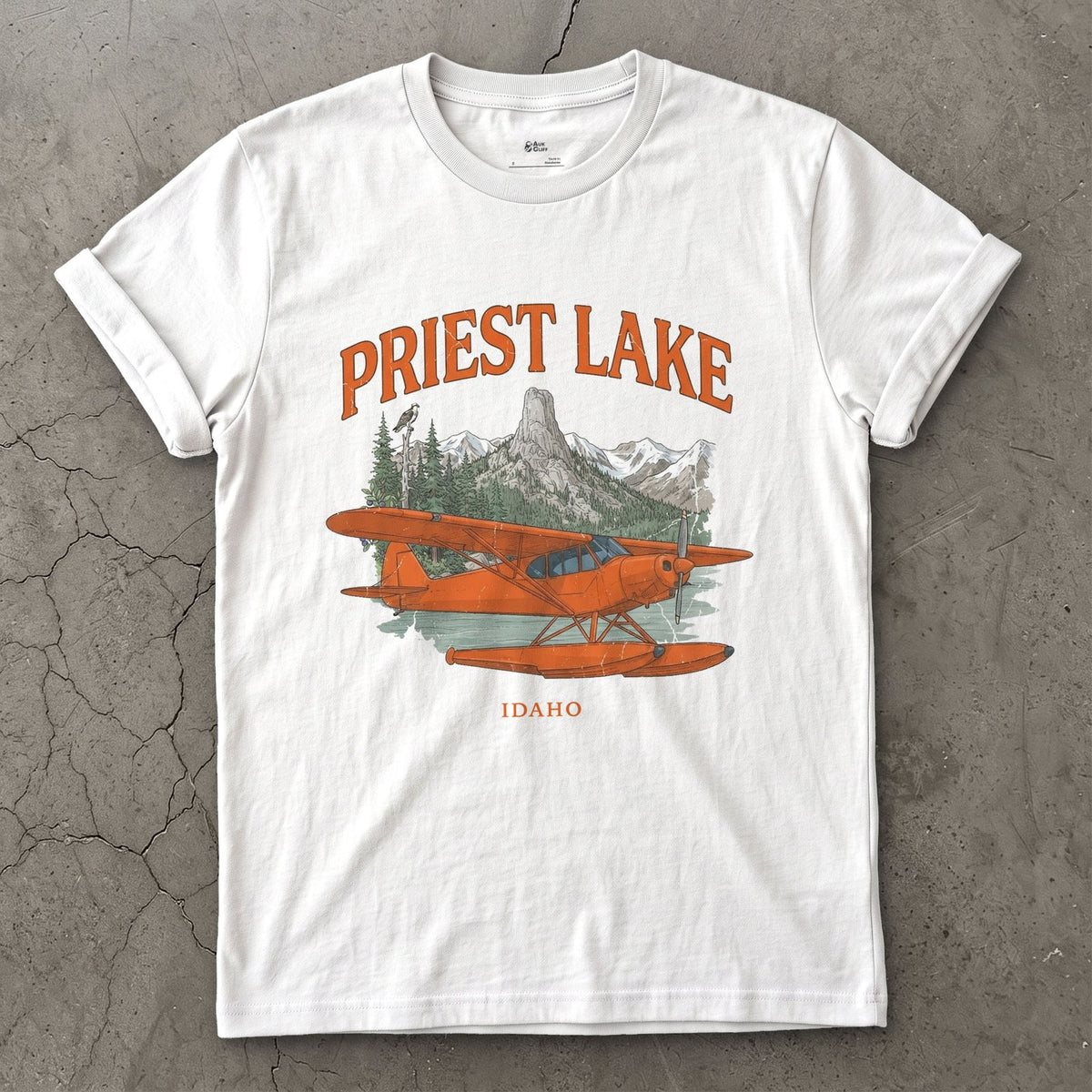 Priest Lake Bush Plane design on a White Gildan Softstyle t-shirt