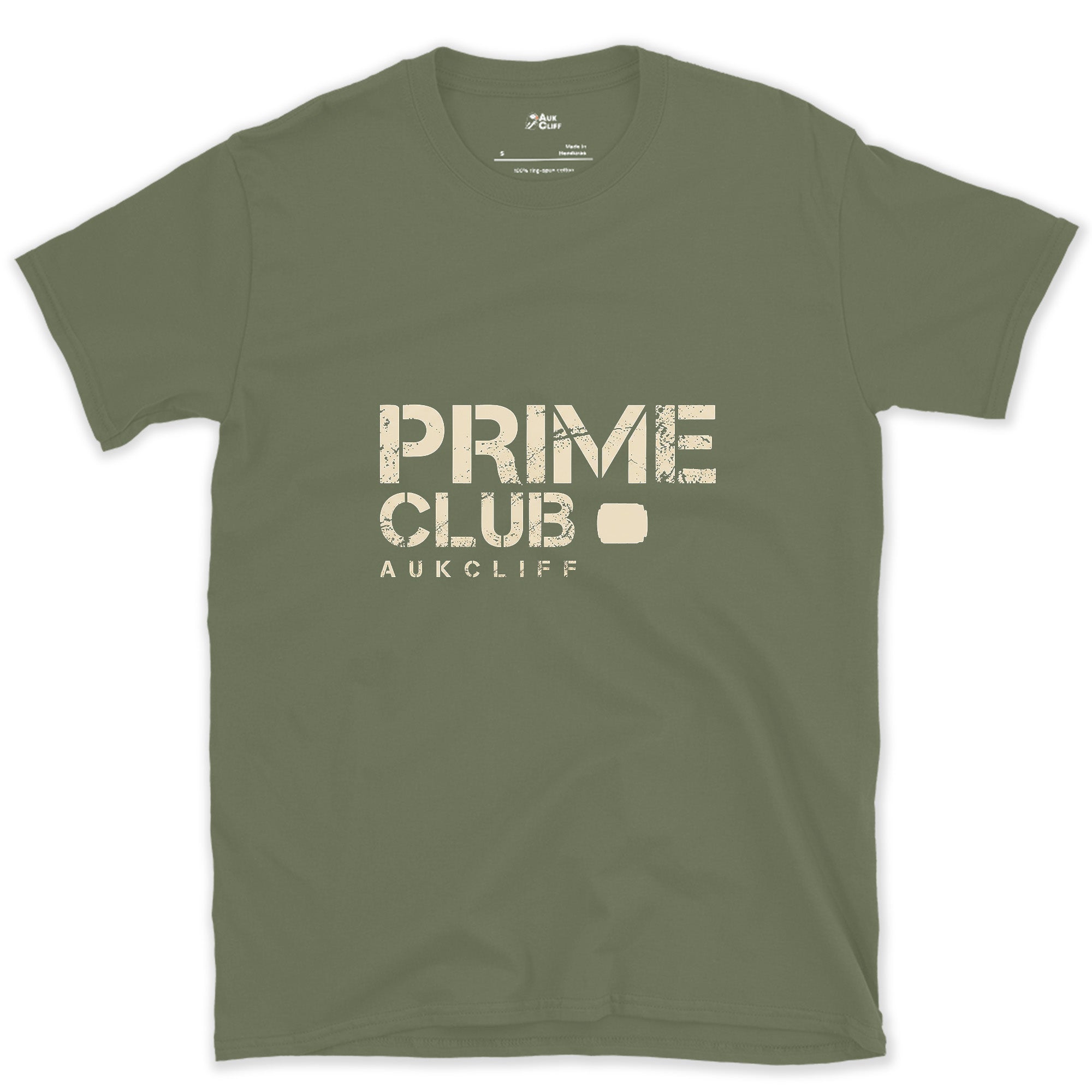 Prime Club, Fixed Focal Length design on a Military Green Gildan Softstyle t-shirt