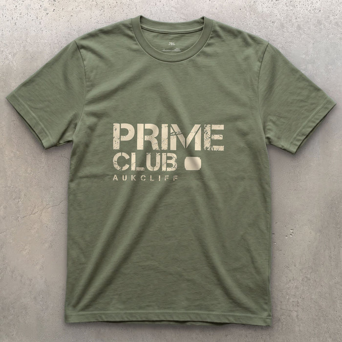 Prime Club, Fixed Focal Length design on a Military Green Gildan Softstyle t-shirt