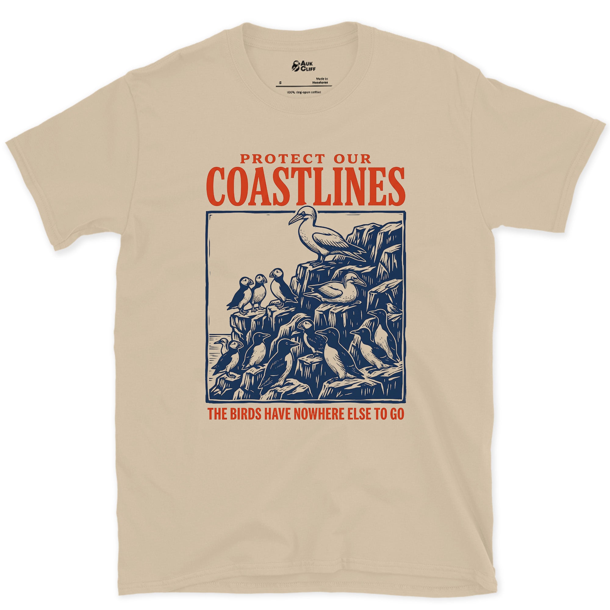 Protect Our Coastlines for the Birds design on a Sand Gildan Softstyle t-shirt