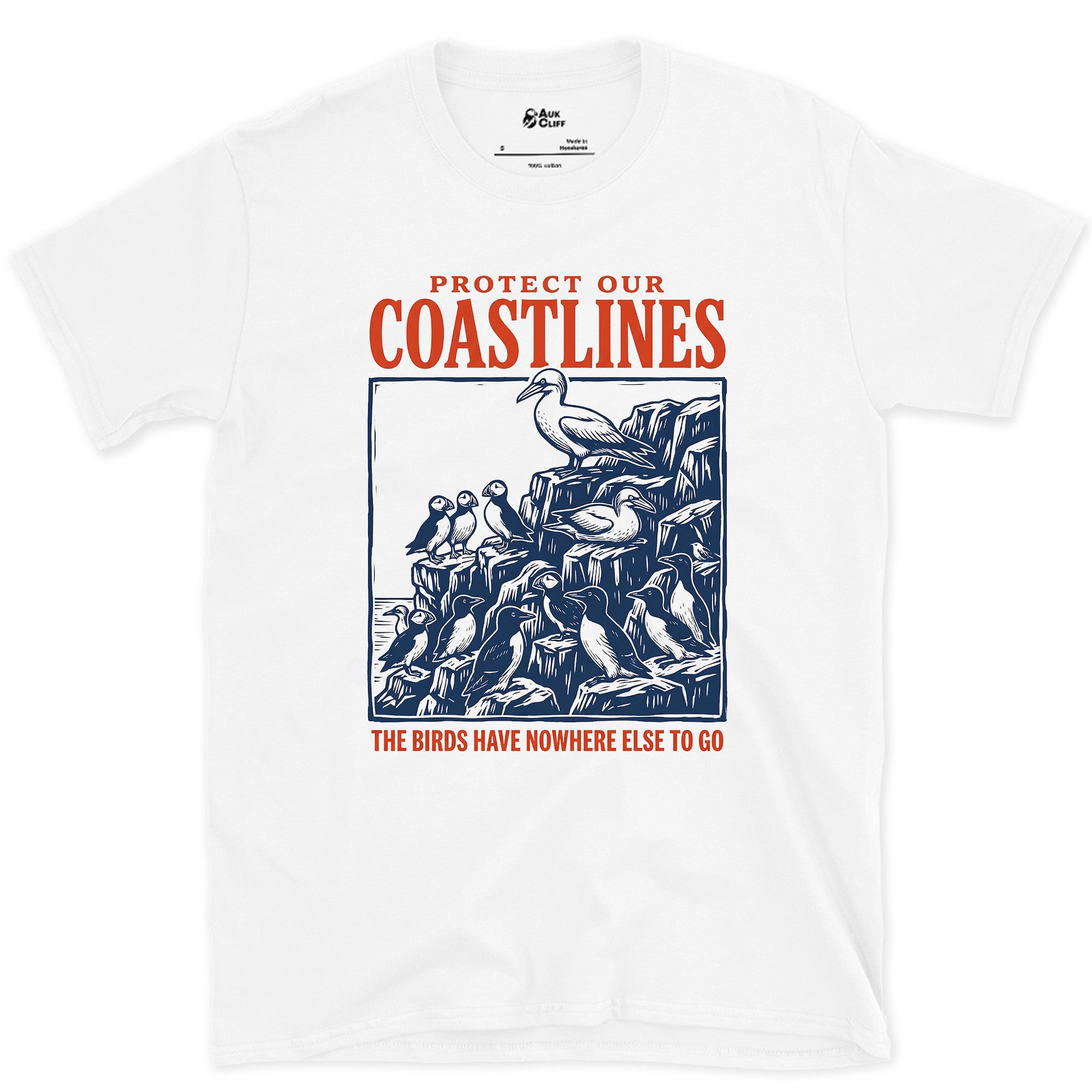 Protect Our Coastlines for the Birds design on a White Gildan Softstyle t-shirt