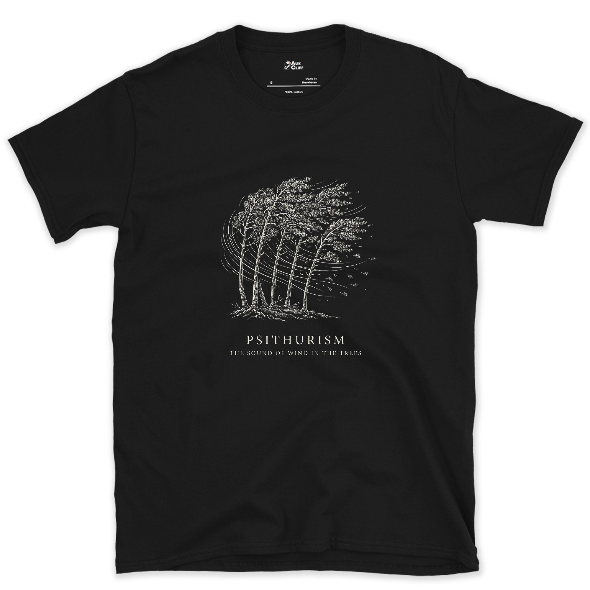 Psithurism, the Sound of Wind in the Trees design on a Black Gildan Softstyle t-shirt