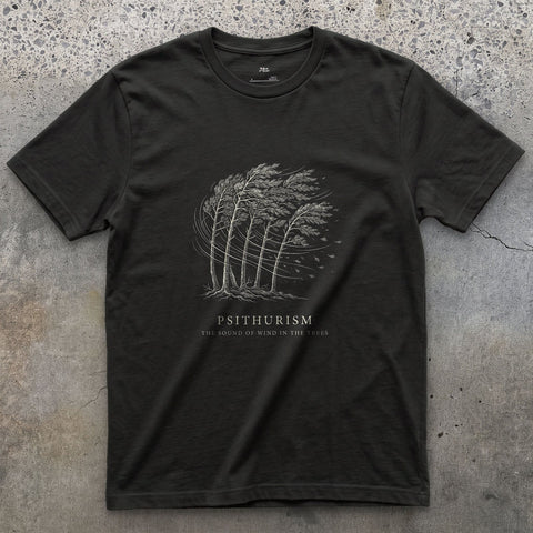 Psithurism, the Sound of Wind in the Trees design on a Black Gildan Softstyle t-shirt