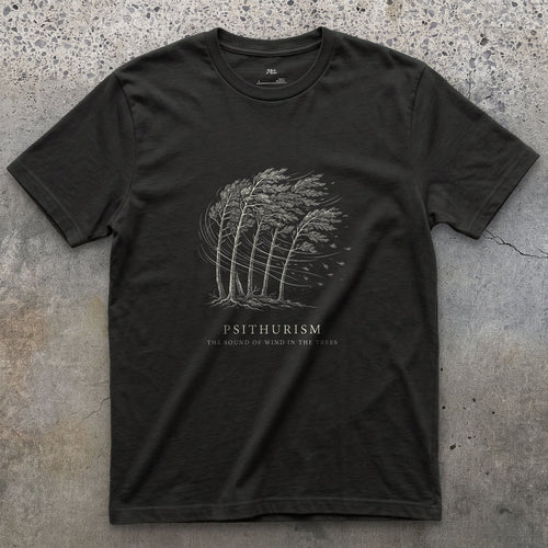 Psithurism, the Sound of Wind in the Trees design on a Black Gildan Softstyle t-shirt