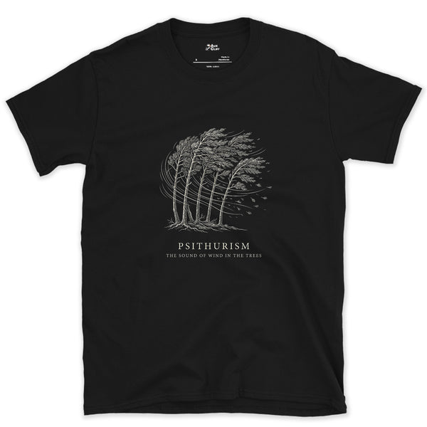 Psithurism, the Sound of Wind in the Trees design on a Black Gildan Softstyle t-shirt