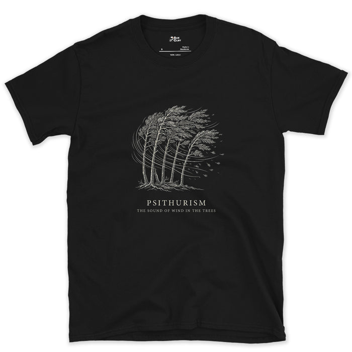 Psithurism, the Sound of Wind in the Trees design on a Black Gildan Softstyle t-shirt