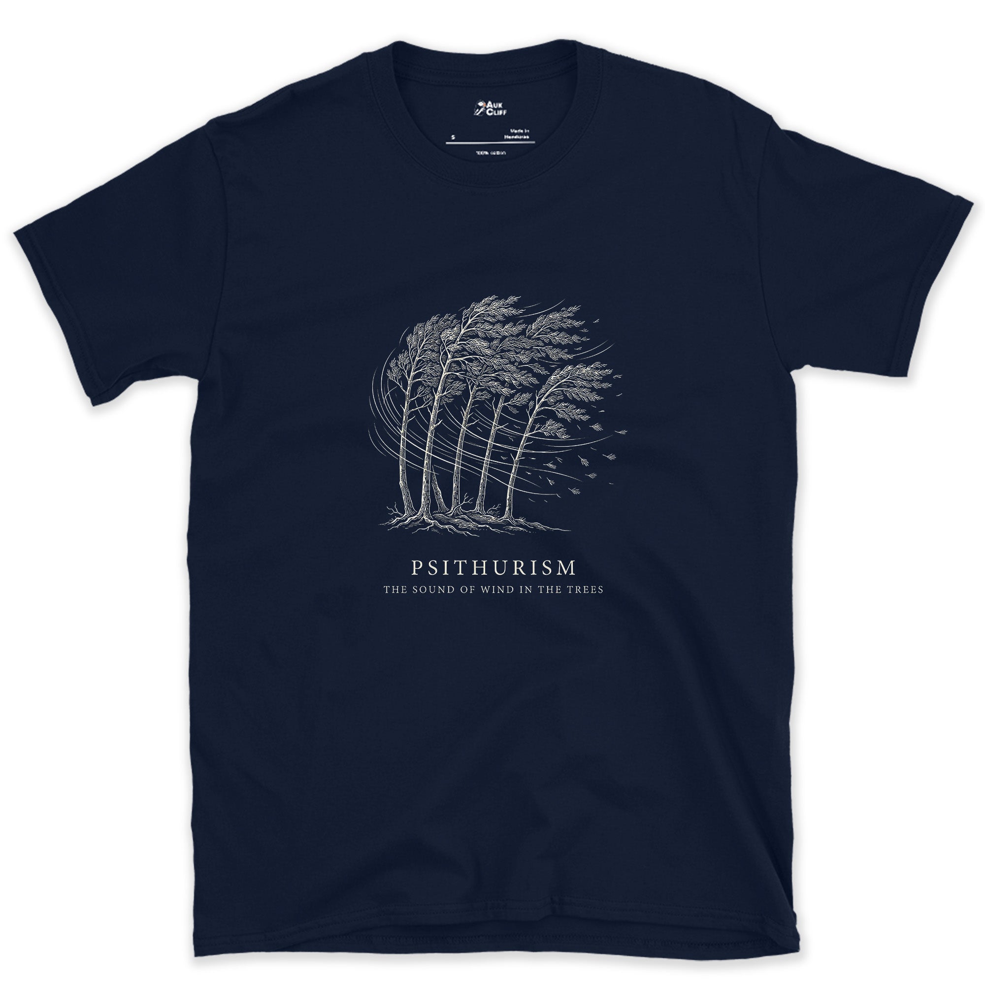 Psithurism, the Sound of Wind in the Trees design on a Navy Gildan Softstyle t-shirt